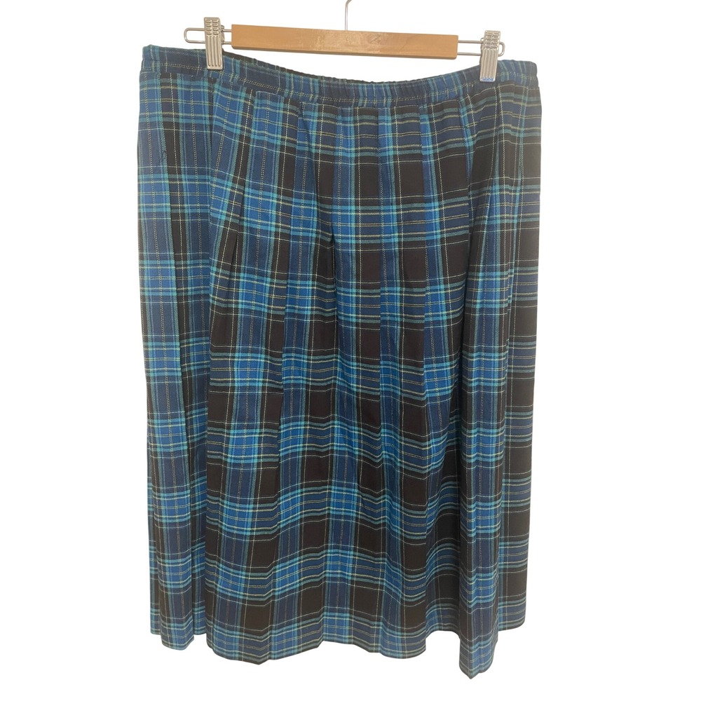 Vintage Midi Skirt Blue Black Plaid Pleated Elastic Waist Size 18P USA Made